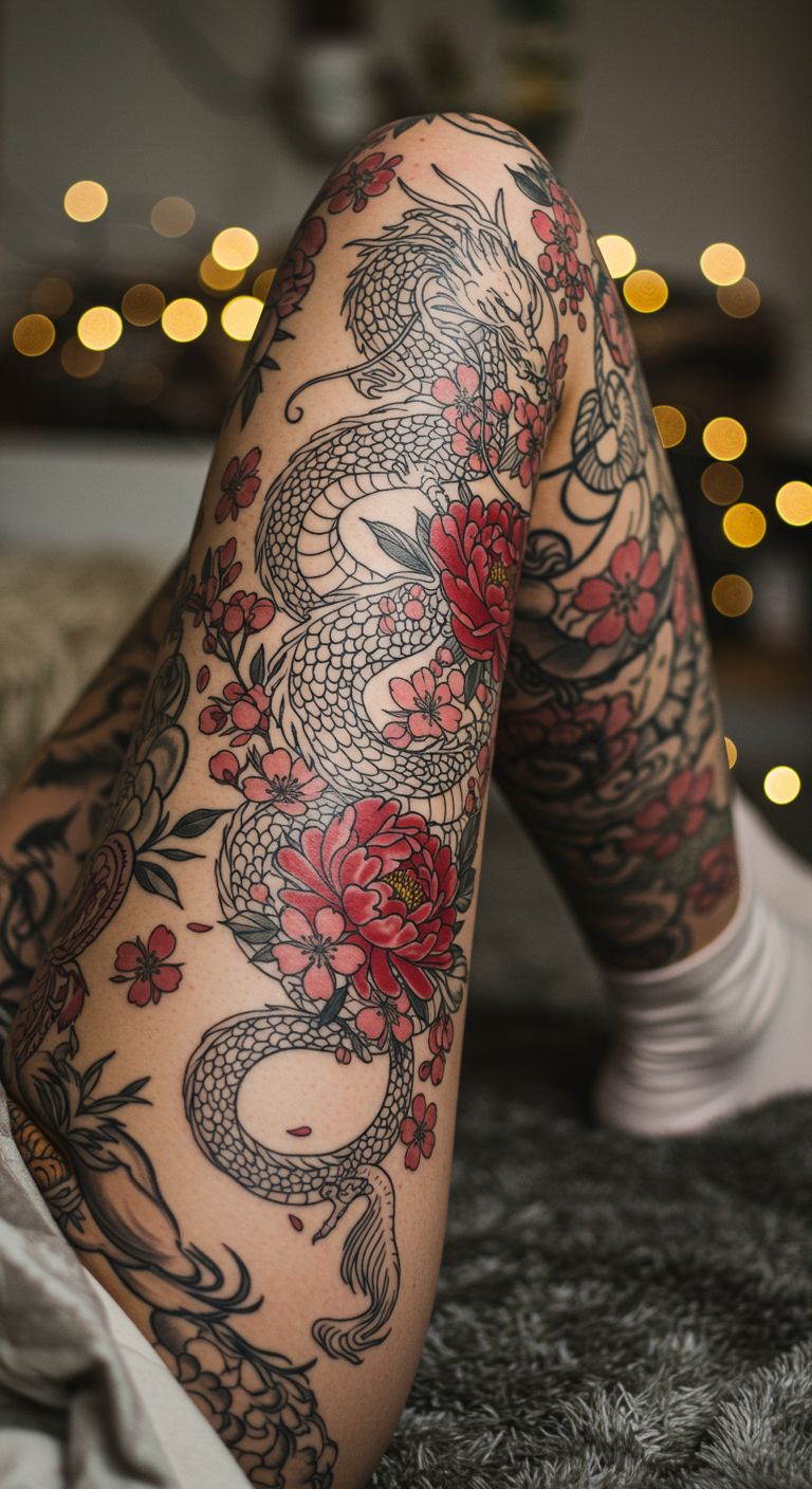 Floral Dragon Full Sleeve Tattoos are where fantasy collides with nature’s artistry. Each curve of the dragon flows with petals, creating a breathtaking leg piece.