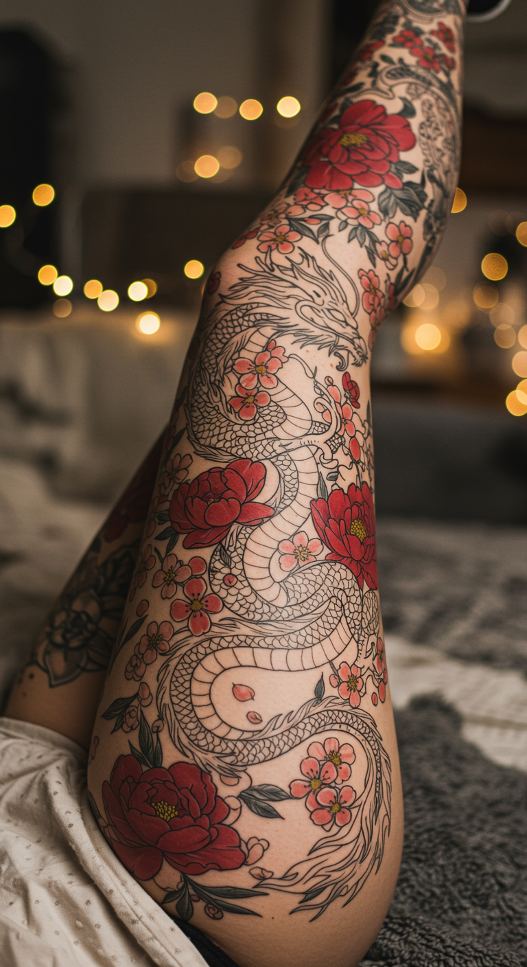 Leg Full Sleeve Tattoos featuring floral dragons capture movement, mystery, and beauty all at once. A piece that tells your story with every step.