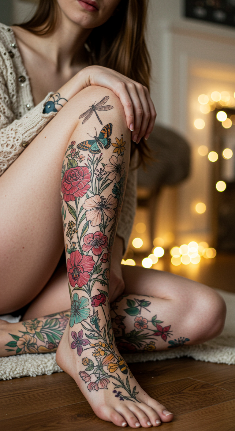 Full Sleeve Tattoos with flowers and insects bring nature’s harmony straight to your skin. Butterflies, dragonflies, and bees weave through blooms in a design that feels alive.