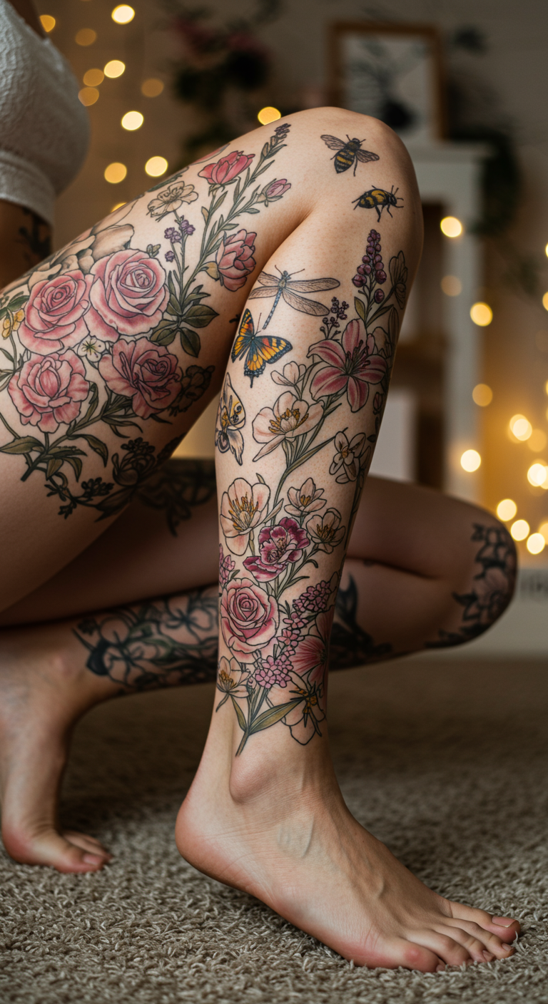 These botanical Full Sleeve Tattoos are like wearing a living garden. Every petal and wing tells a story of beauty, movement, and the wild outdoors.