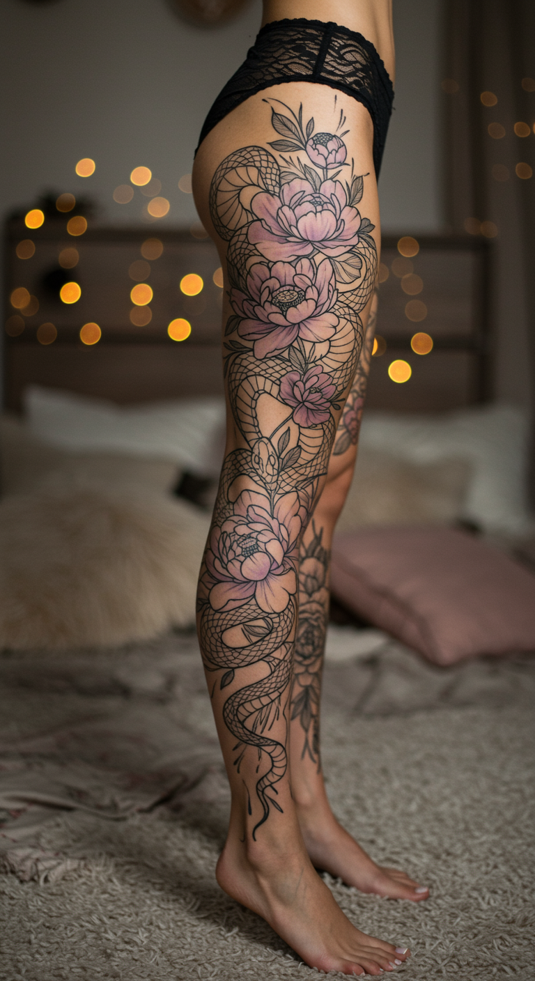 Floral Serpent Full Sleeve Tattoos are like a kaleidoscopic journey, where petals and coils embark on a dance of mystery. The design certainly captures both resilience and allure.