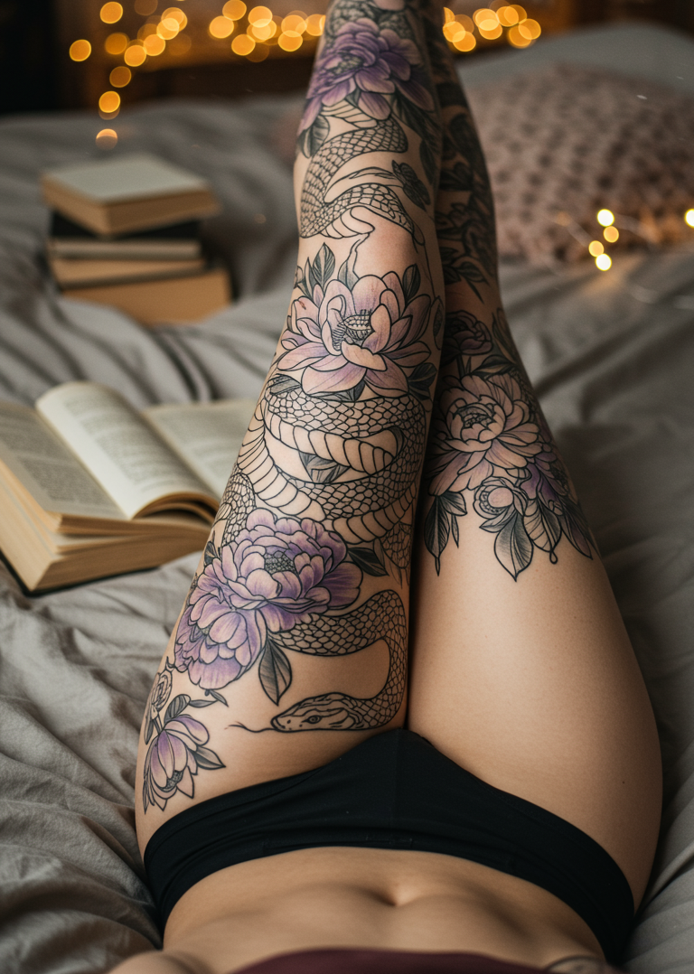 These Floral Serpent Full Sleeve Tattoos delve deep into symbolism, wrapping the leg in an intricate flow of blossoms and serpentine curves. A design that’s both enigmatic and eternal.