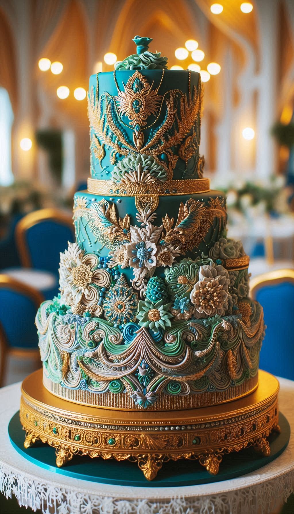 Who knew the warmth of shimmering gold and the cool whisper of teal were a match made in heaven? This stunning design creates a wedding cake with incredible depth, personality, and an artistic flair. Prepare for your guests to be absolutely mesmerized by this unique wedding cake.