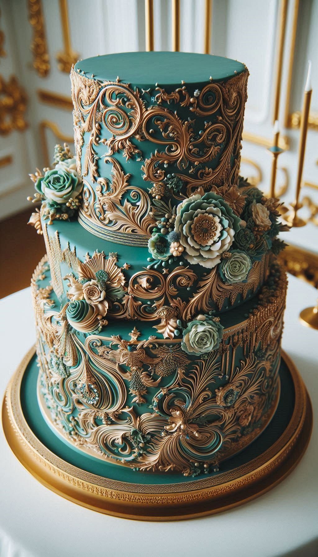 This isn't just dessert; it's a masterpiece that looks like it belongs in a museum. The intricate golden scrolls feel as if they've been lifted from a beautiful ancient manuscript, making this a truly artistic wedding cake. It's a design that says your love is one for the history books.