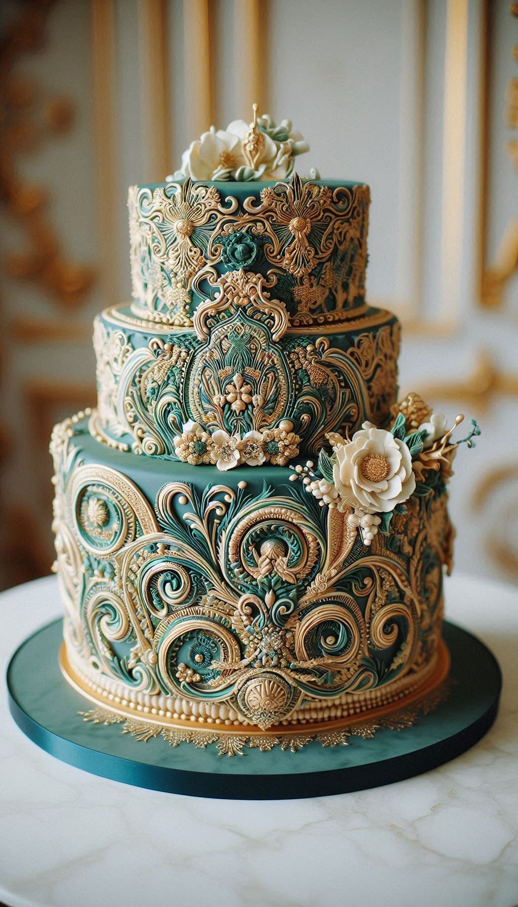Get ready to stop the scroll, because this design is a certified showstopper. The rich, opulent combination of ornate gold and deep, mysterious teal ensures your wedding cake will be the talk of the evening. It's a bold and beautiful choice for a memorable celebration.