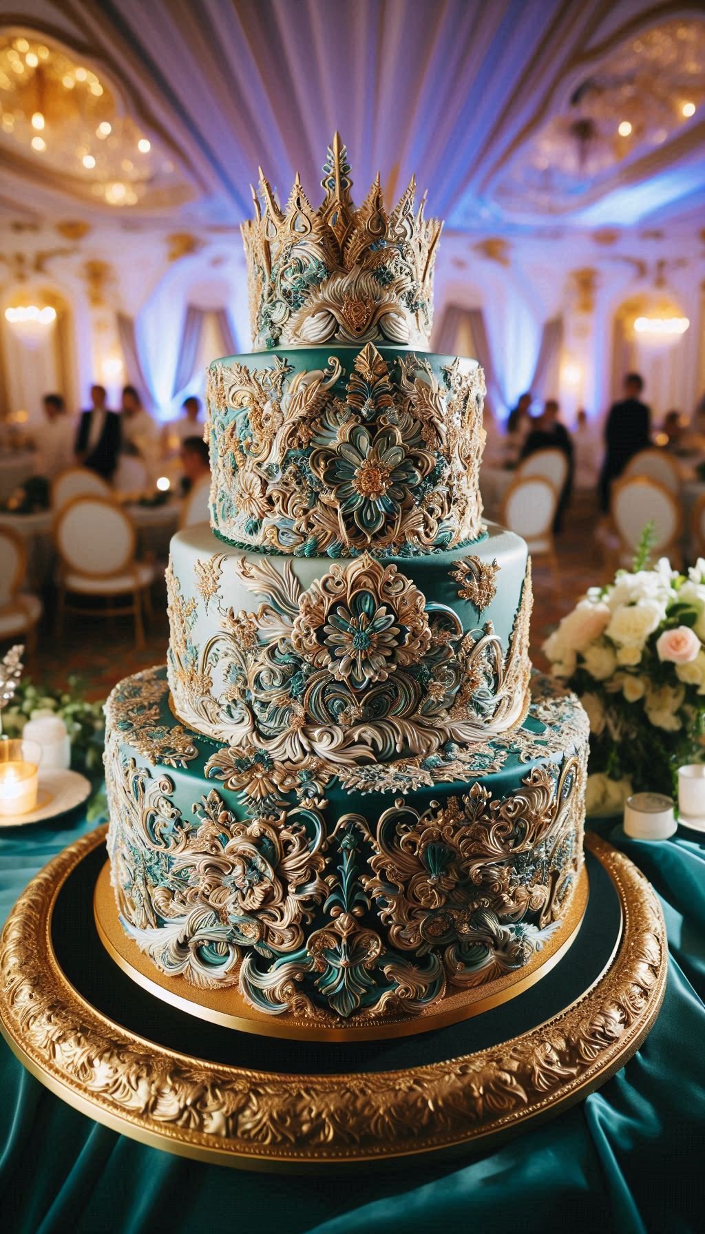 Imagine a wedding cake that tells the story of timeless love with a vibrant, modern chapter. The golden scrolls represent your beautiful history, while the fresh teal whispers of the exciting future you're building together. This is more than a wedding cake; it's your story in sugar.