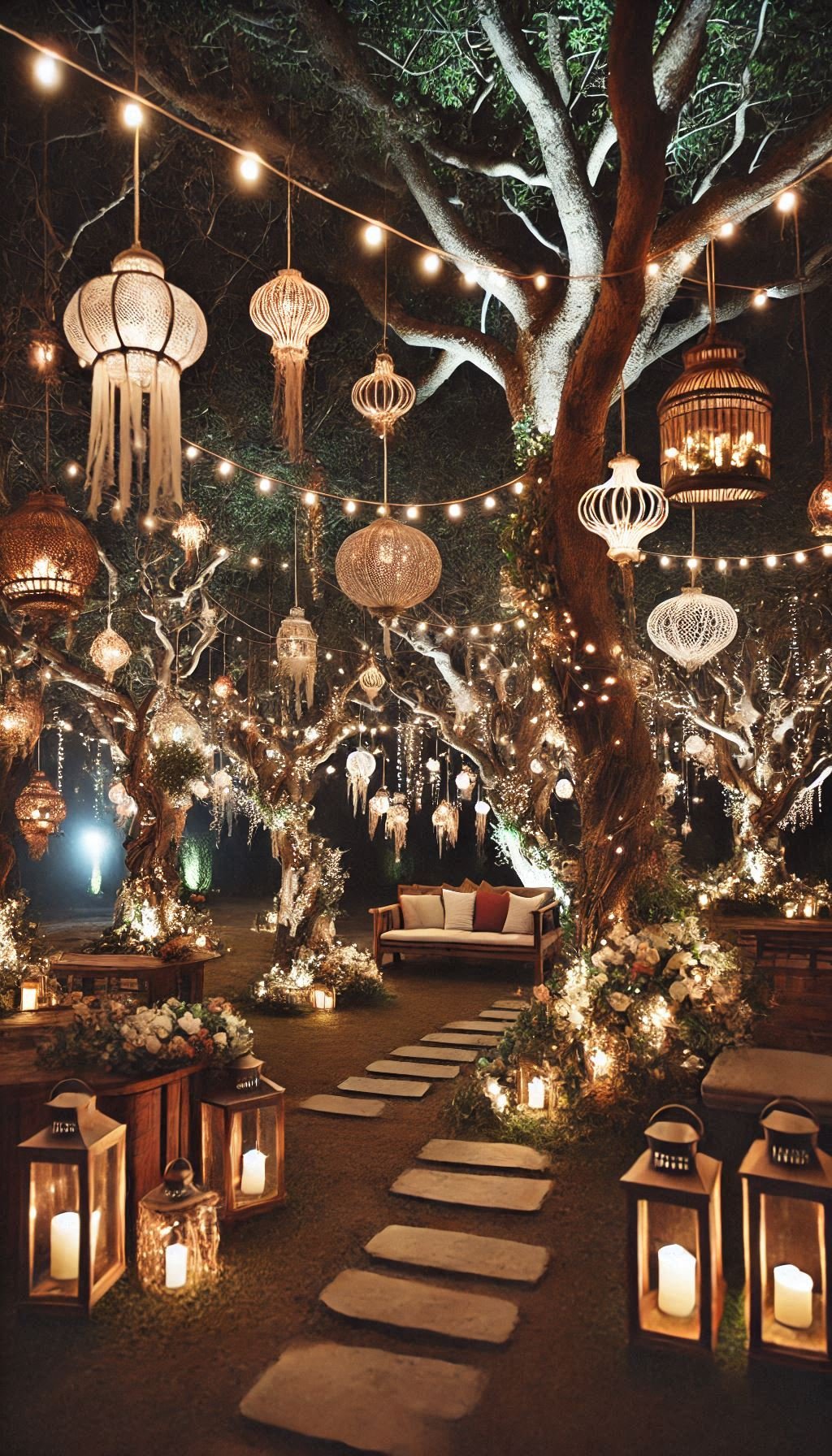 Hanging lights in trees add instant intimacy to your outdoor setup. These wedding ideas are soft, stylish, and seriously swoon-worthy.