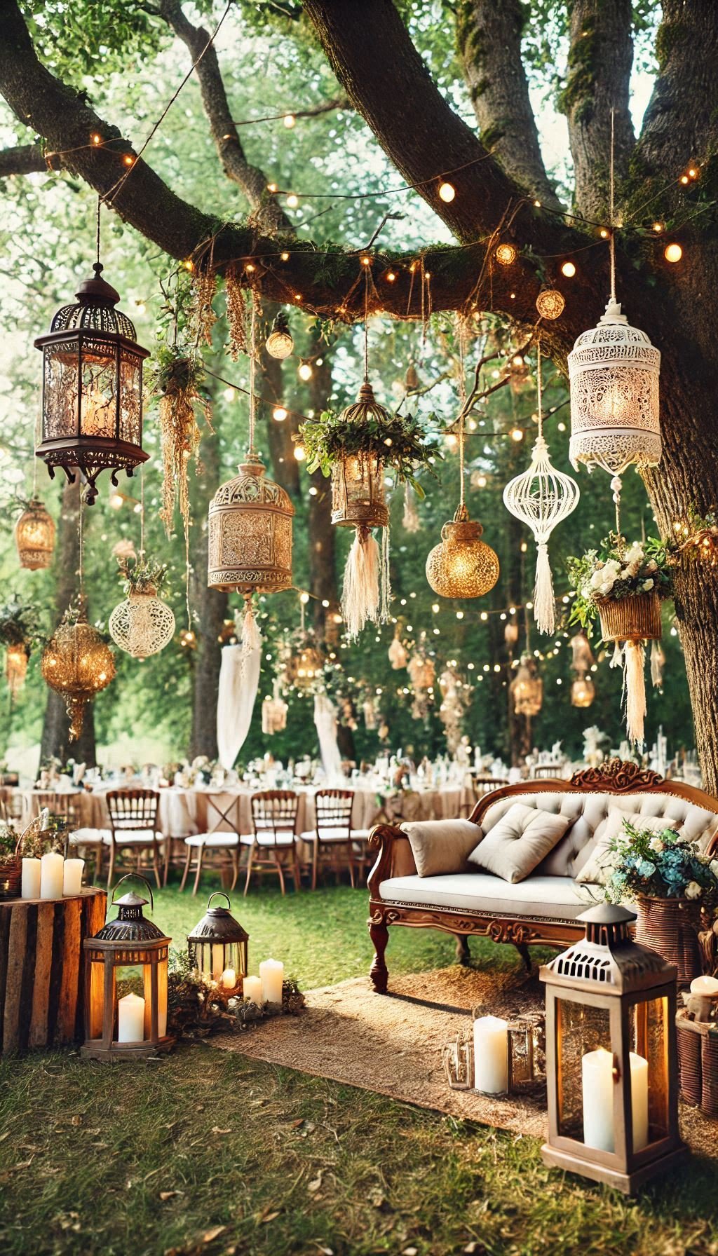 Lanterns hanging from branches bring instant charm to any rustic setup. If you’re hunting for dreamy wedding ideas, this one’s lit—literally.