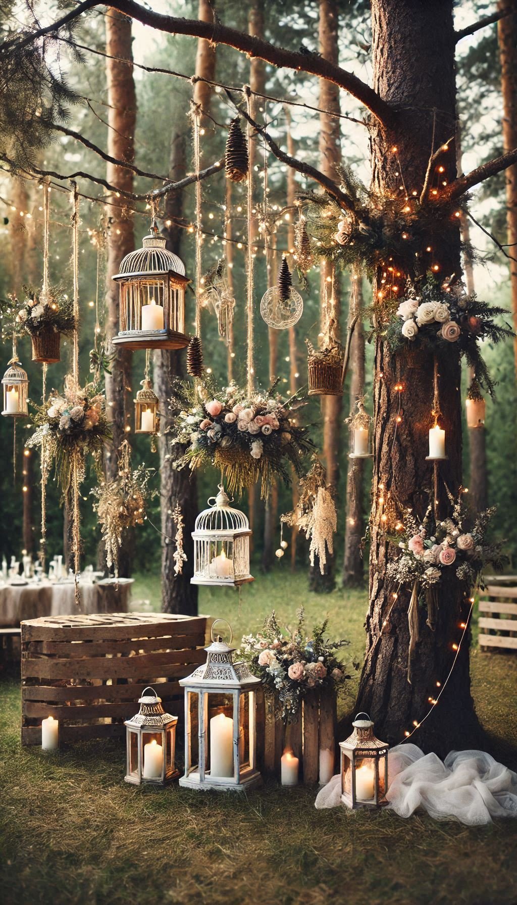 Wedding ideas that light up the night—literally. Lanterns and fairy lights in trees create a vibe that’s cozy, chic, and unforgettable.