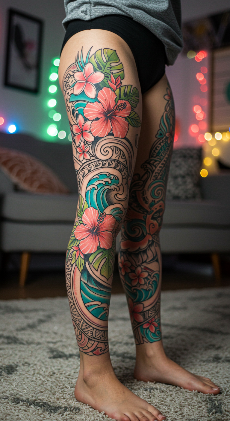 Full Sleeve Tattoos with Hawaiian floral waves capture the rhythm of the islands. Blossoms ride the curves of the tide, creating a design that’s alive with movement.