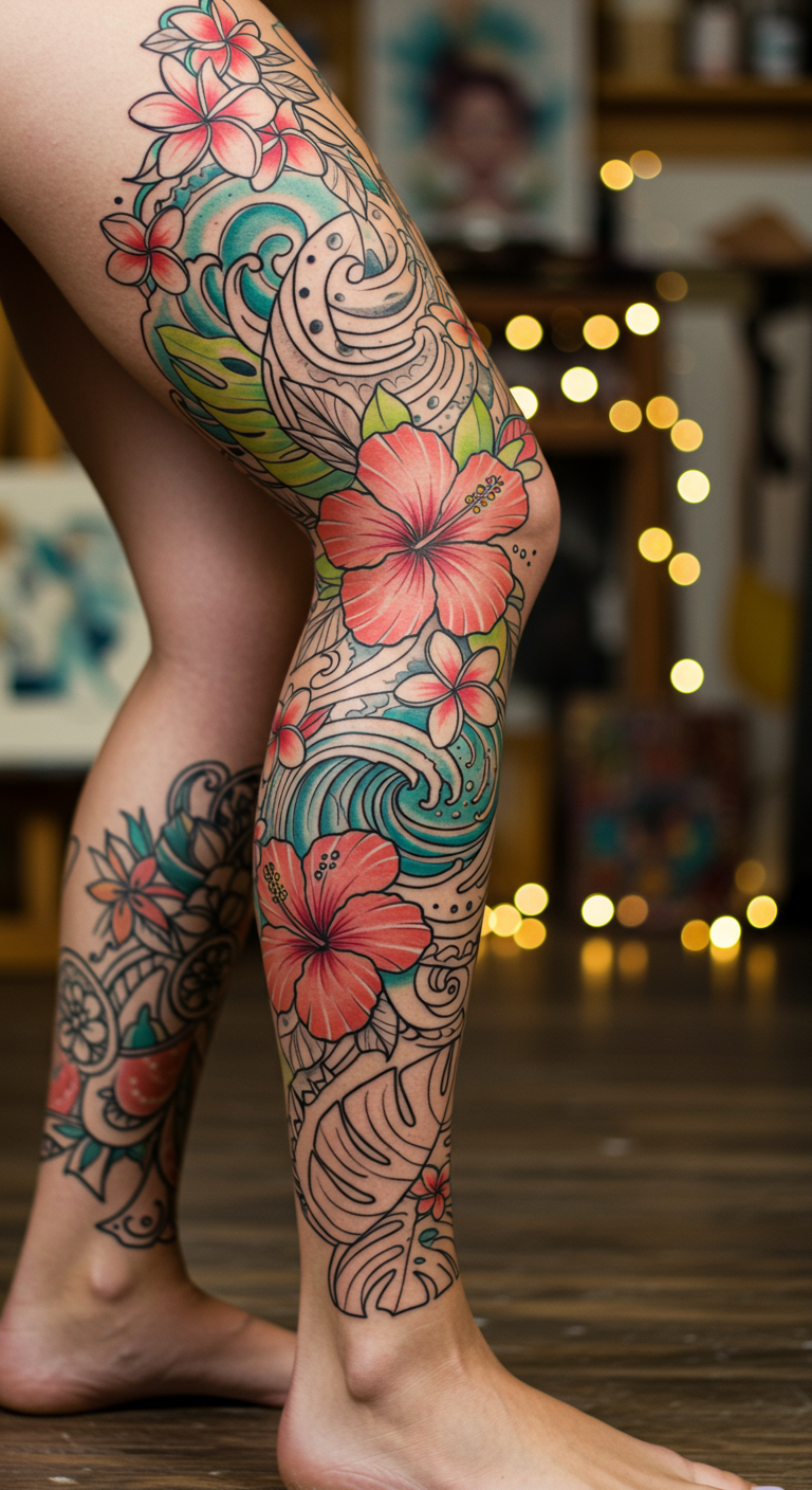 Hawaiian-inspired Floral Wave Full Sleeve Tattoos turn your leg into a tropical tide. Blossoms, water, and rhythm flow seamlessly as one.