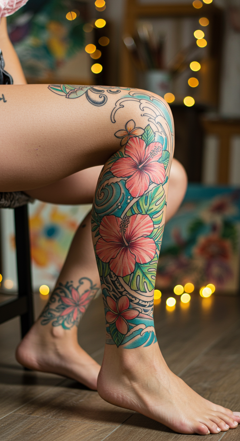 Full Sleeve Tattoos in Hawaiian floral style carry the island spirit wherever you go. A vibrant cascade of waves and blooms inked in harmony.