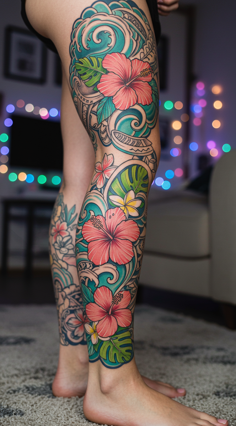 Full Sleeve Tattoos inspired by Hawaiian waves and flowers are pure island poetry. They wrap your leg in a balance of strength, serenity, and tropical beauty.