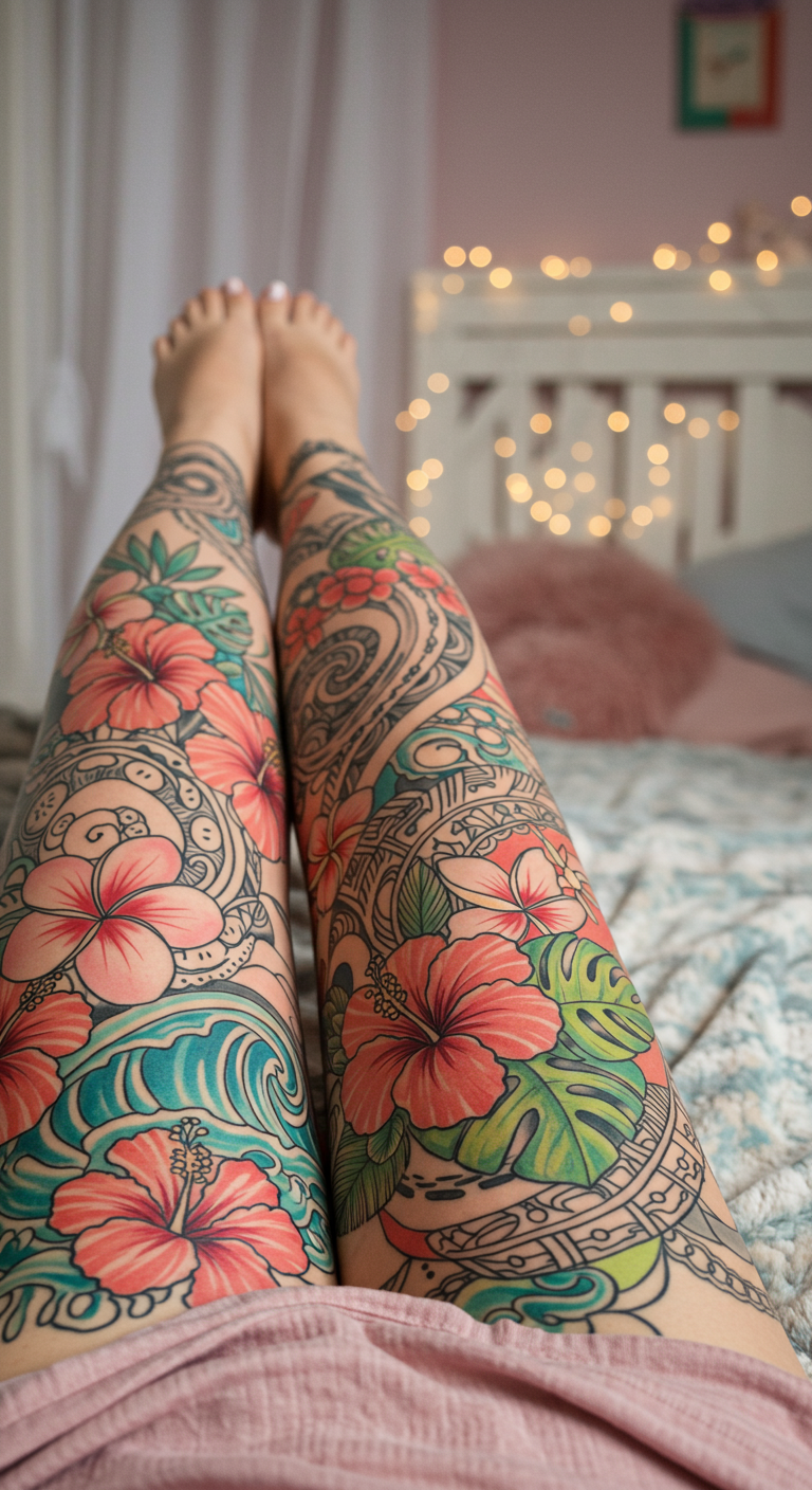 Full Sleeve Tattoos featuring Hawaiian floral waves are wearable vacations for your skin. Every curve and petal whispers of paradise and island energy.