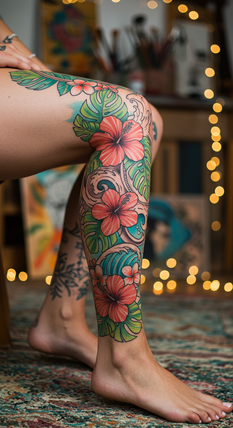 Full Sleeve Tattoos with island florals and waves are bold yet graceful. The perfect way to wear both strength and serenity with every step.