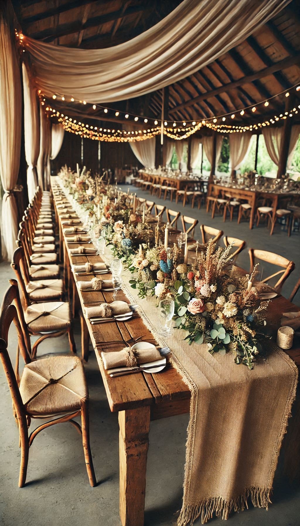 Rustic meets romantic with these wedding ideas. Long tables and burlap runners create a vibe that’s warm, welcoming, and wildly photogenic.
