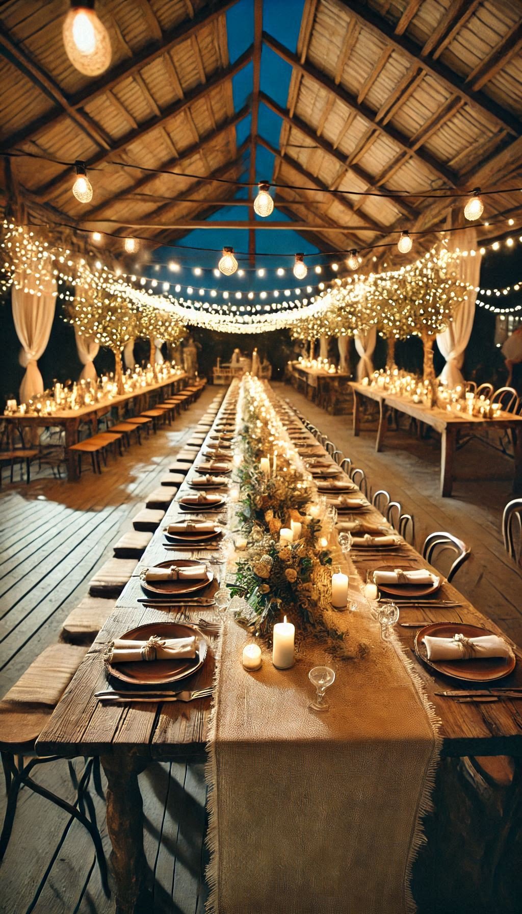 Long wooden tables make every guest feel like family. Add burlap runners and you’ve nailed the rustic wedding ideas trifecta.