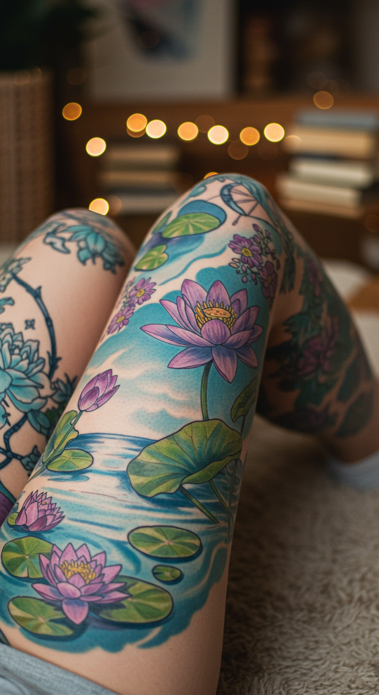 Full Sleeve Tattoos with lotus and water lilies are pure serenity inked on skin. They bloom with calm strength while flowing gracefully along the leg.