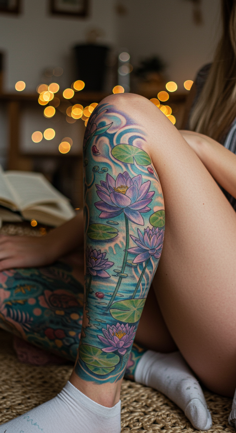 Full Sleeve Tattoos featuring lotus and water lilies turn your leg into a tranquil pond in bloom. A piece that feels both peaceful and powerful.