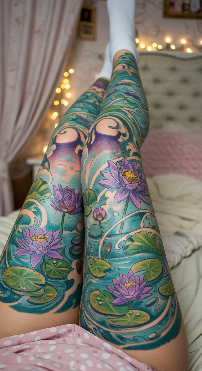 Lotus and Water Lily Full Sleeve Tattoos capture harmony in every petal. They flow effortlessly across the leg, creating a design that radiates balance.