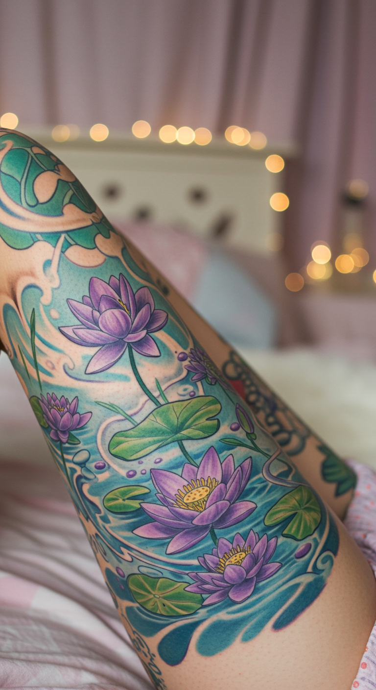 Full Sleeve Tattoos with lotus and lilies celebrate resilience rising from calm waters. A perfect mix of artistry, symbolism, and natural grace.