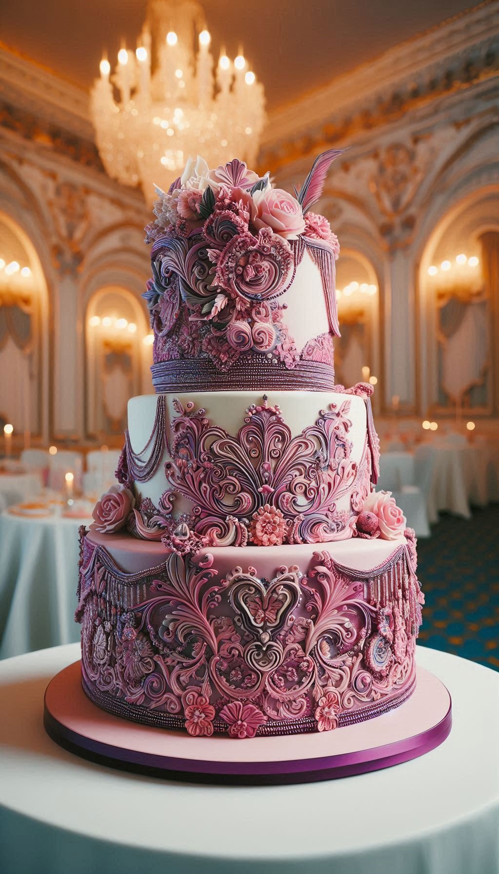 Who says you can't be both bold and delicate at the same time? This stunning wedding cake design pairs dramatic, confident magenta scrolls with the softest, most ethereal petal whispers. The result is a look that's pure magic, just like your love story.