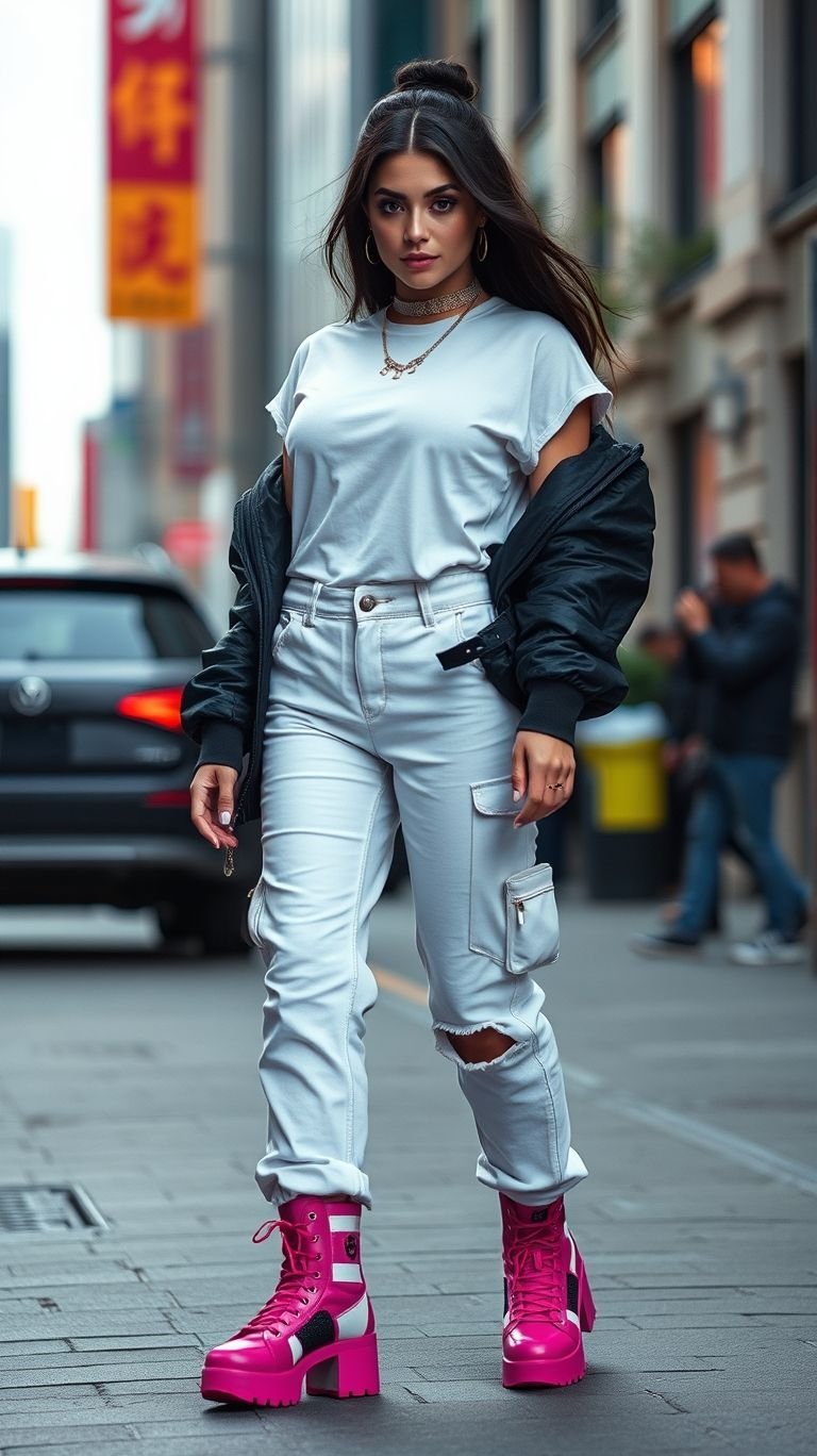 Searching for unique Fall Outfits? This urban-inspired ensemble combines comfort with an undeniable cool factor. The white cargo pants and bomber jacket are perfectly complemented by a pop of hot pink, making it a bold choice for autumn adventures.