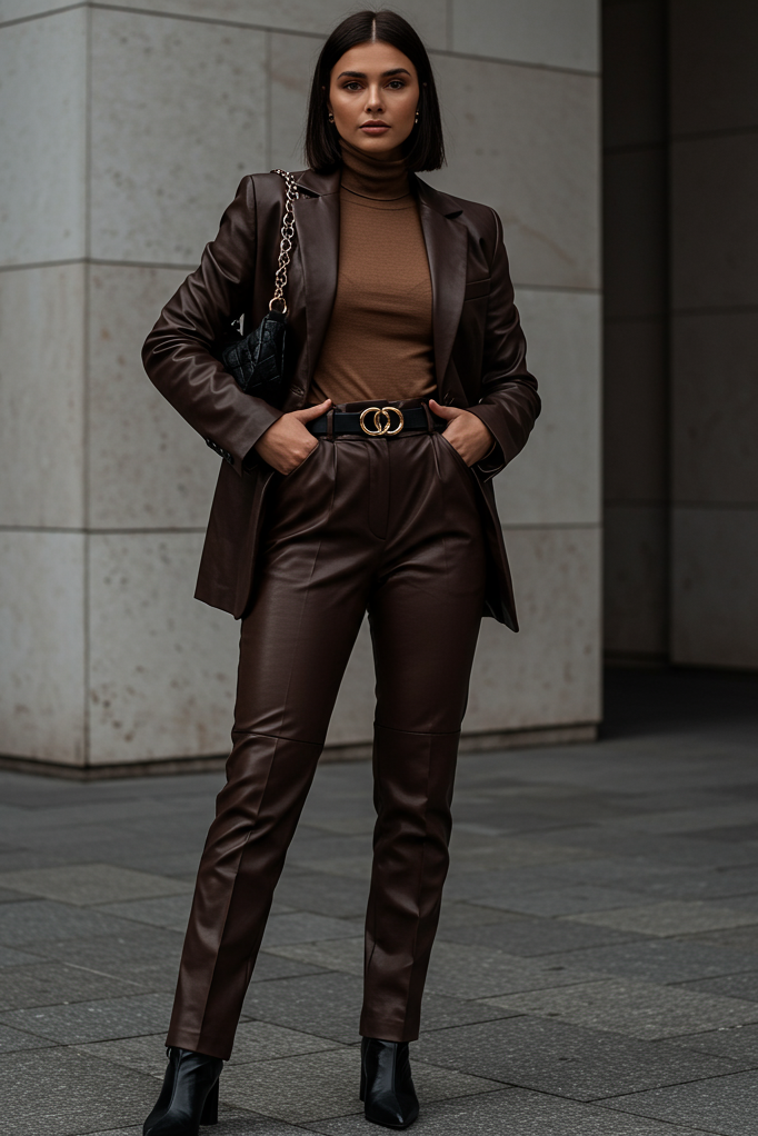 Monochrome never looked so powerful. This leather-inspired suit is the kind of Fall Outfit that turns errands into runway moments.