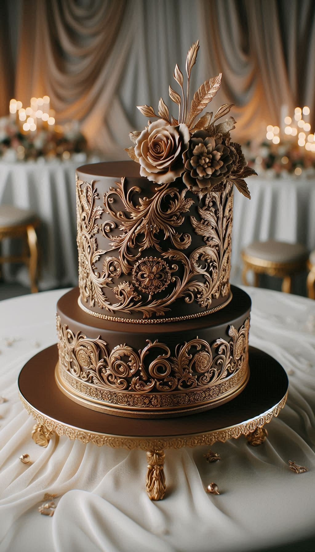 Moving beyond soft pastels, this majestic chocolate wedding cake has a powerful, universal appeal. Its rich tones and elegant design are a sophisticated choice for any couple looking for a timeless and impressive wedding cake.