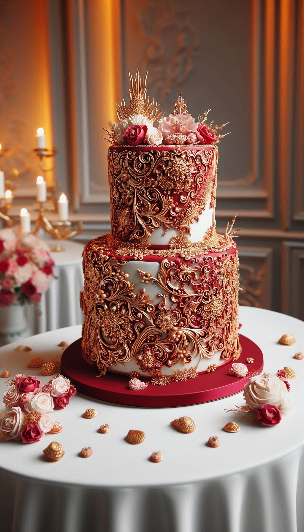 This isn't your average fairytale princess cake; this is a wedding cake fit for a queen. The deep scarlet blooms bring a touch of dramatic, grown-up romance to your celebration. A truly majestic wedding cake for a powerful love story.