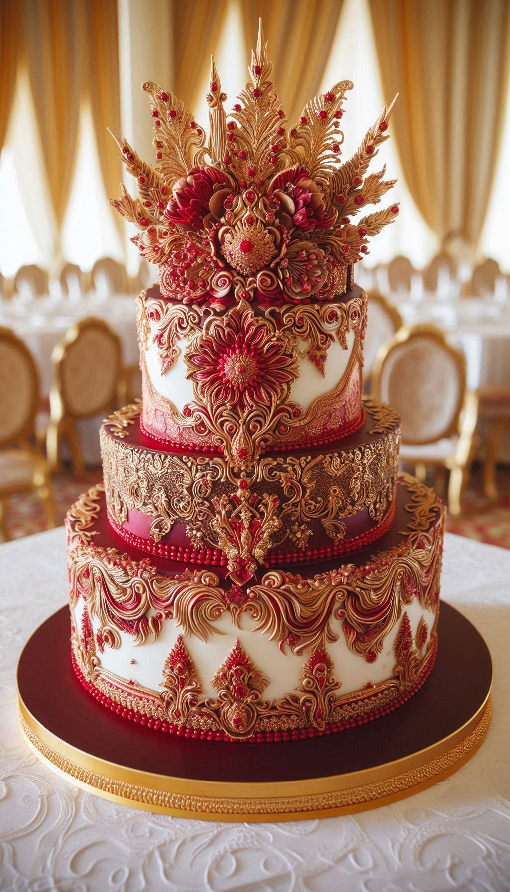 Prepare to be amazed by the incredible sugar artistry on display. The oversized scarlet blooms on this fantasy wedding cake look so breathtakingly real, you'll have to stop yourself from trying to smell them. This is a wedding cake that celebrates true craftsmanship.