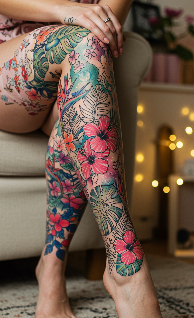 Full Sleeve Tattoos with a tropical bloom explosion are bold, vibrant, and impossible to ignore. They wrap your skin in exotic petals and fiery color that feels alive.