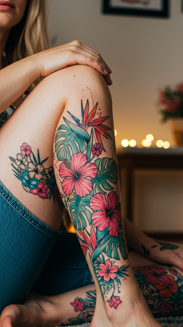 Tropical Bloom Explosion Full Sleeve Tattoos are like wearing a festival of flowers. Bright, exotic, and overflowing with personality, they radiate pure life.