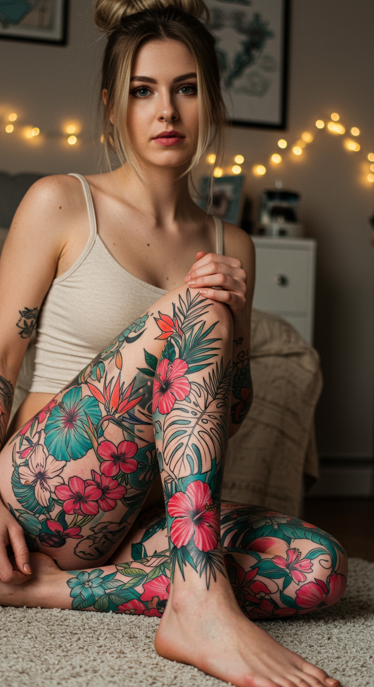 Full Sleeve Tattoos with exotic blooms create a design that’s both untamed and elegant. A celebration of bold color and natural beauty flowing across your leg.