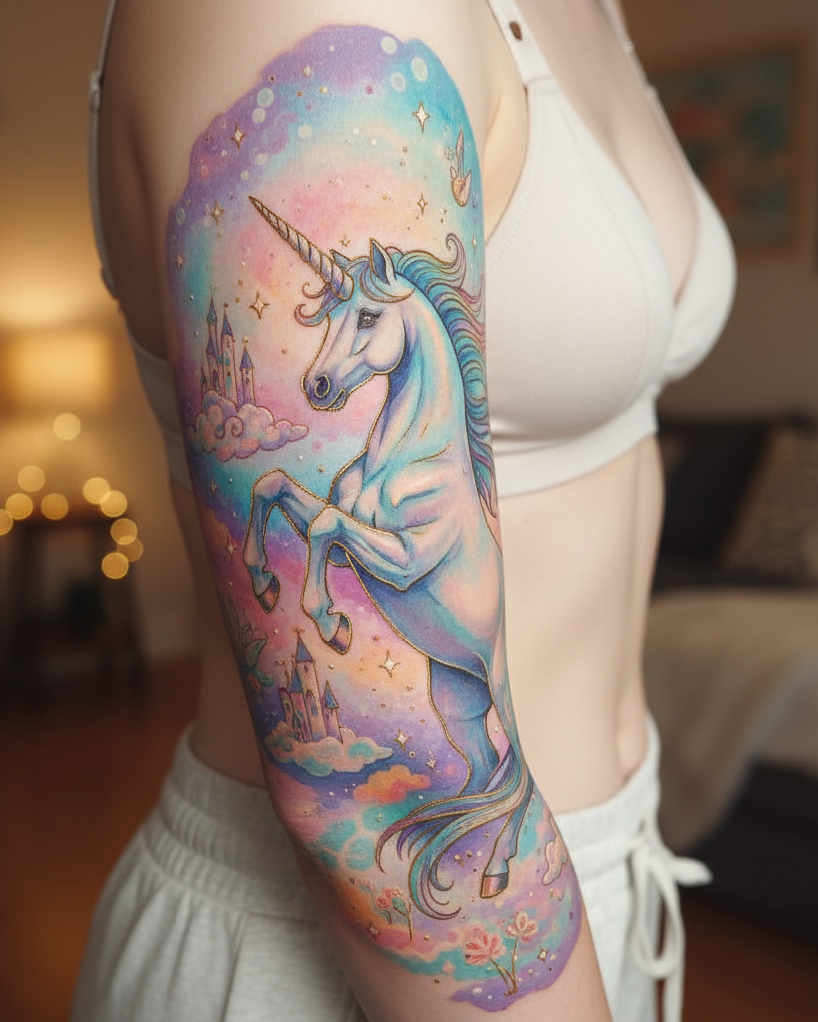 Magical Tattoos for Women: Simple secrets to stunning body art | Pocoko Unicorn tattoos are the ultimate mood booster. They’re Magical Tattoos for women who radiate joy, even in monochrome.