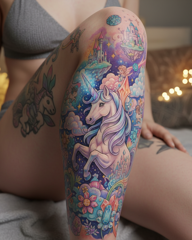 Magical Tattoos for Women: Simple secrets to stunning body art | Pocoko These tattoos are pure magic with a horn. Unicorn designs are top-tier Magical Tattoos for women who love a little sparkle in their story.