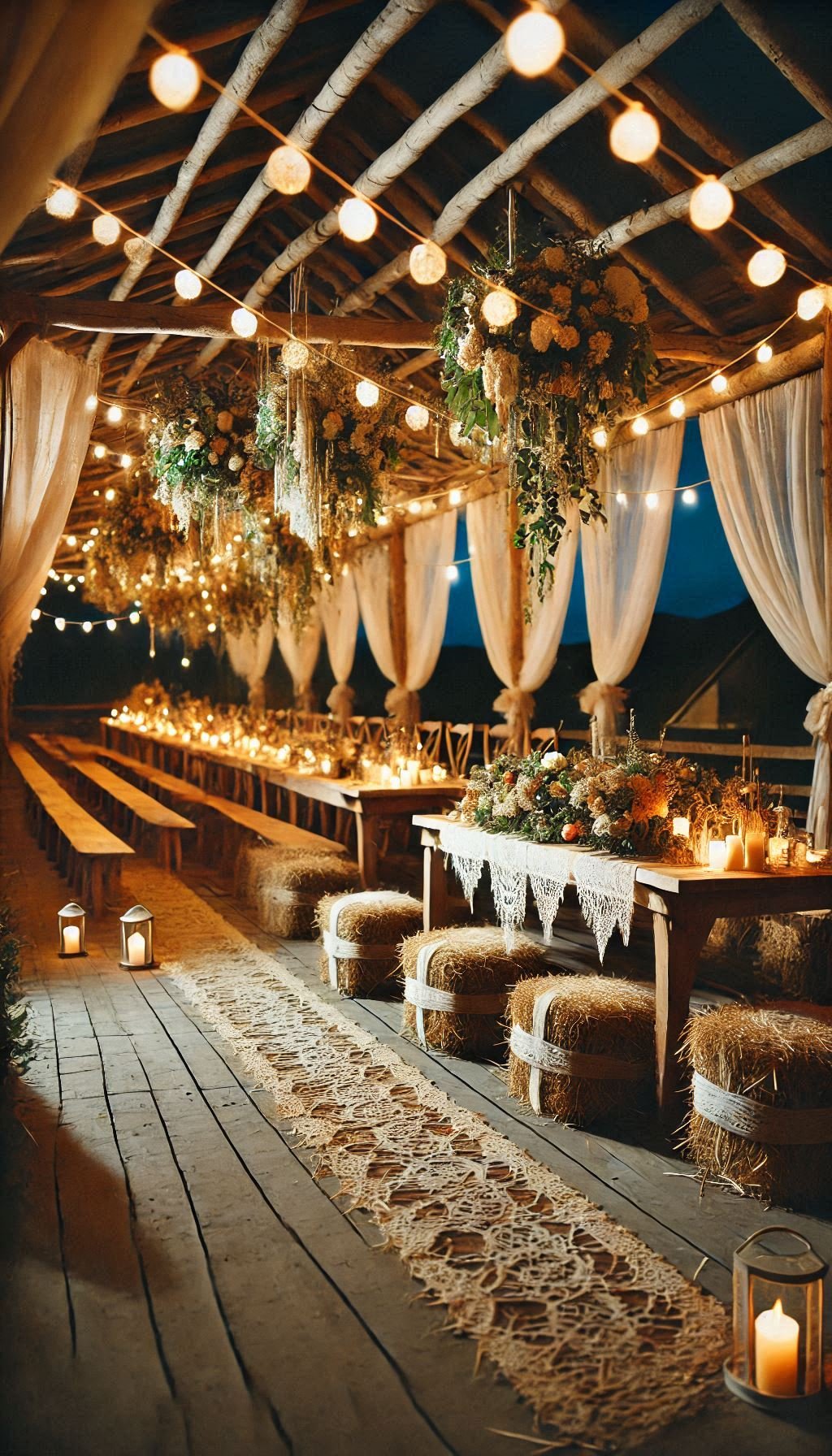 Hay bales with cozy fabric? That’s rustic seating with a side of charm. This wedding decor inspo is farmhouse fabulous and guest-approved.