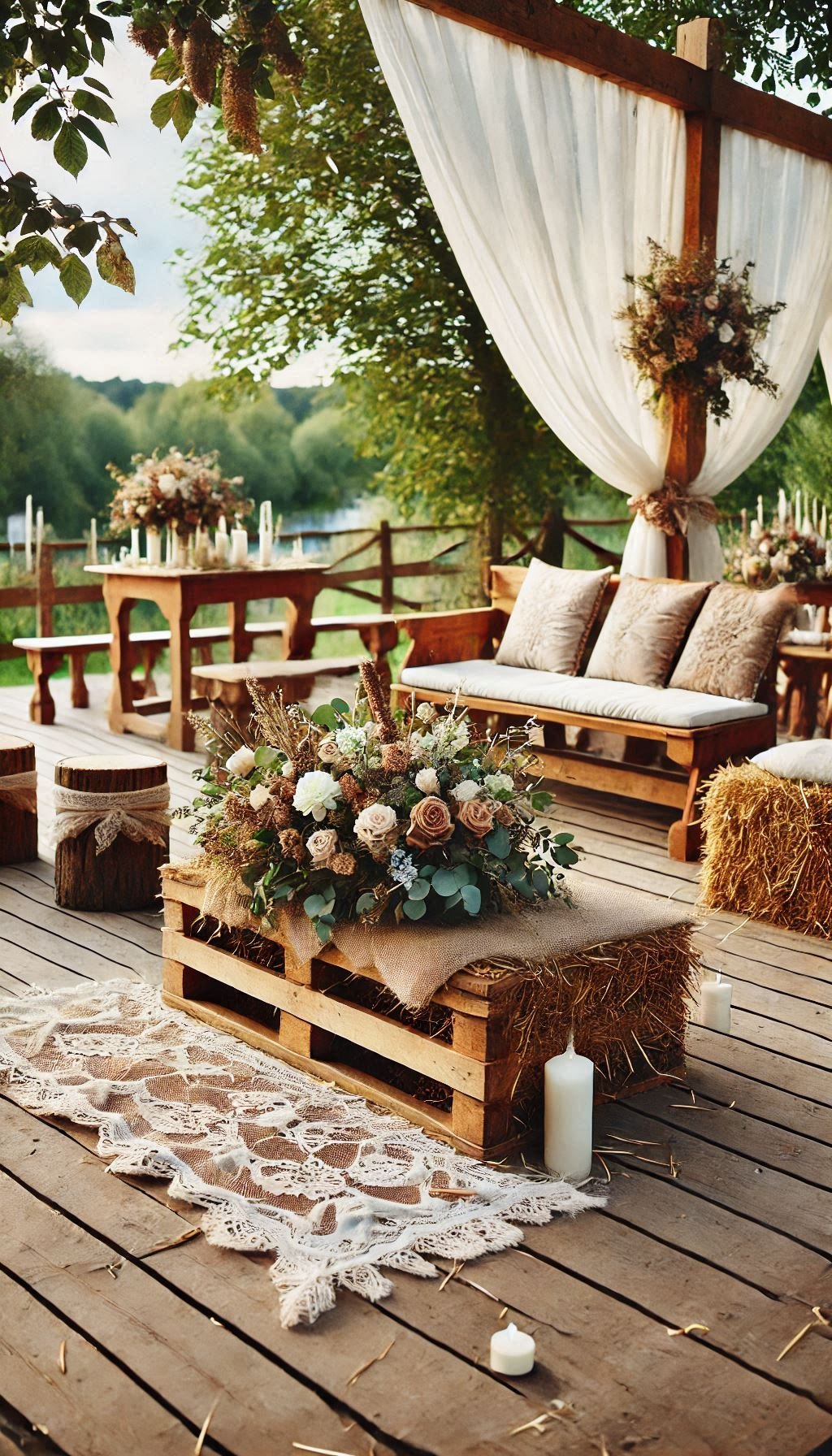 Wooden benches with fabric accents turn your ceremony into a cozy gathering. Wedding decor inspo that’s effortlessly stylish.
