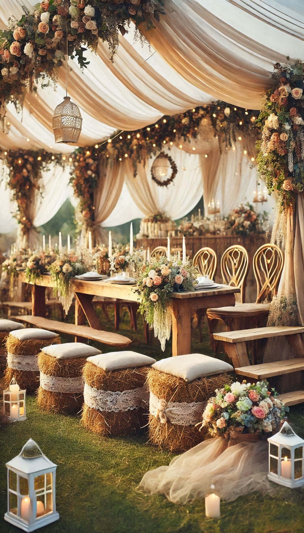 Wooden benches never looked so romantic. Add soft coverings and you’ve got wedding decor inspo that’s equal parts comfort and countryside chic.