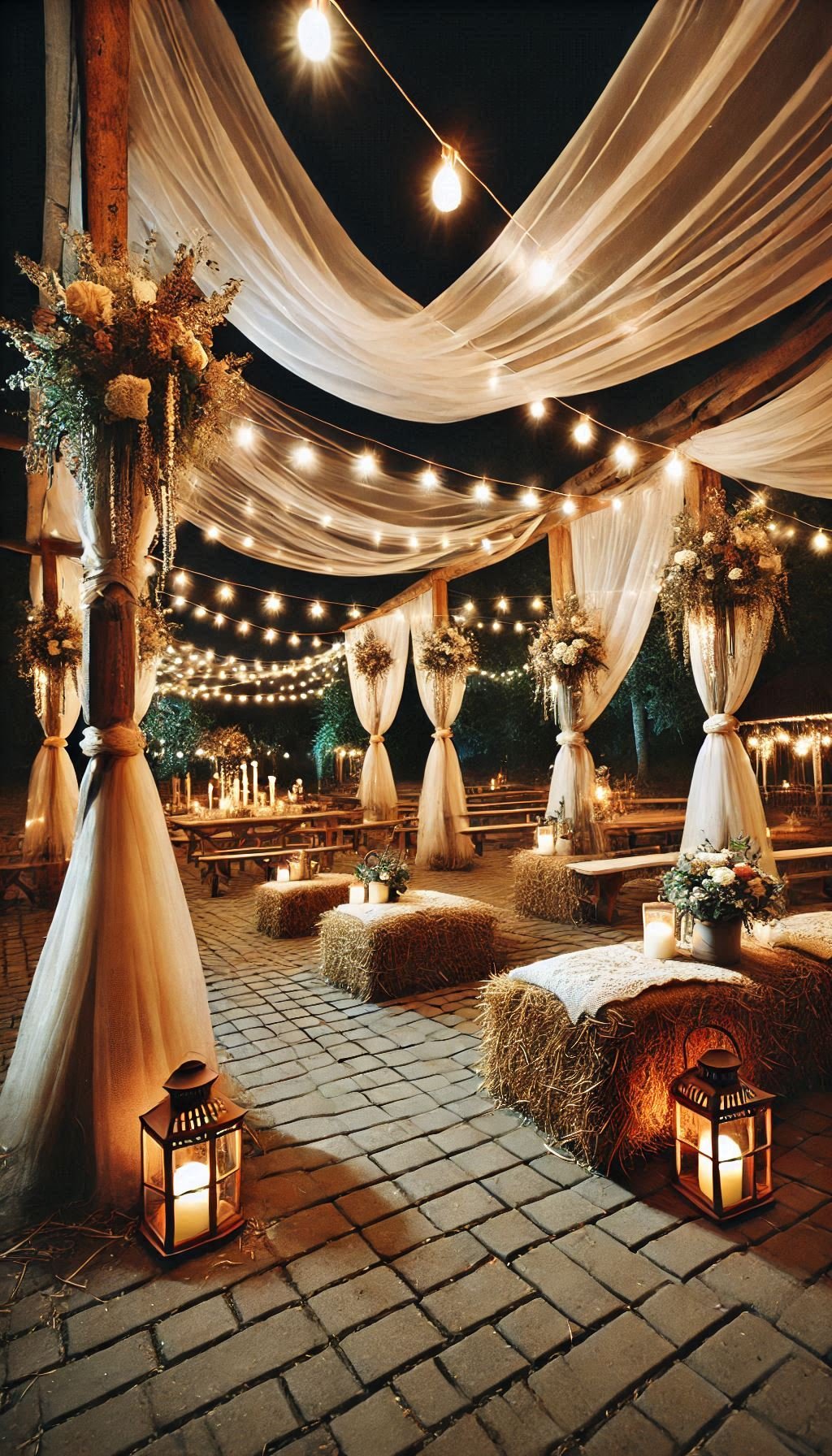 Hay bales with linen coverings are the ultimate rustic seating hack. Wedding decor inspo that’s clever and cute.