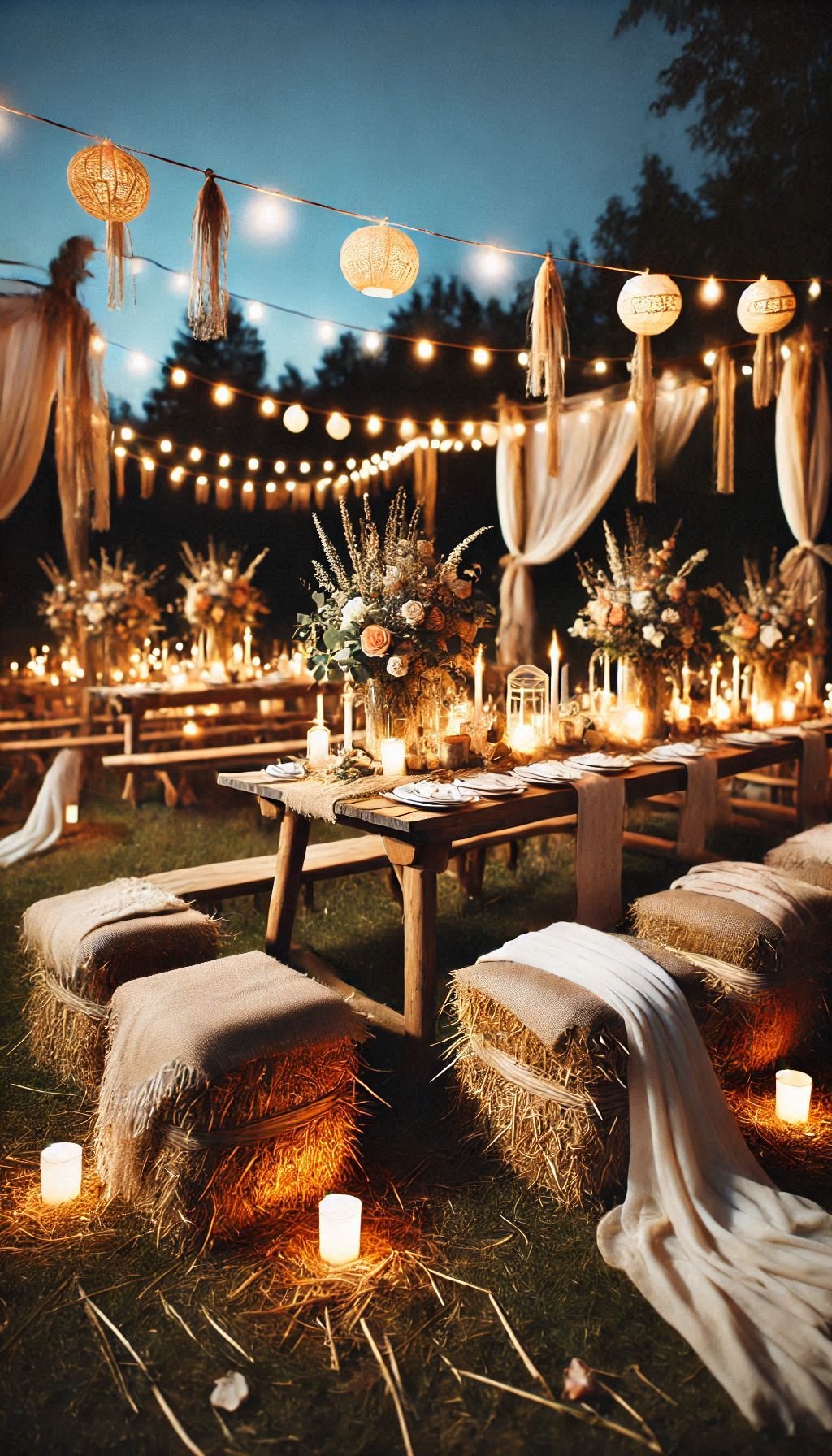 Wooden benches offer timeless charm, especially when dressed in soft fabrics. Wedding decor inspo that’s classic with a countryside twist.