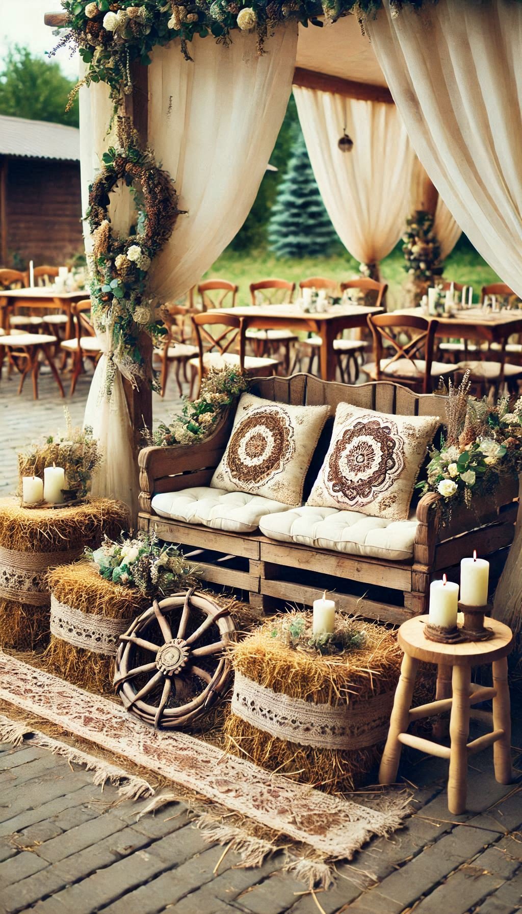 Hay bales wrapped in fabric are the rustic seating upgrade you didn’t know you needed. This wedding decor inspo is cozy meets country.
