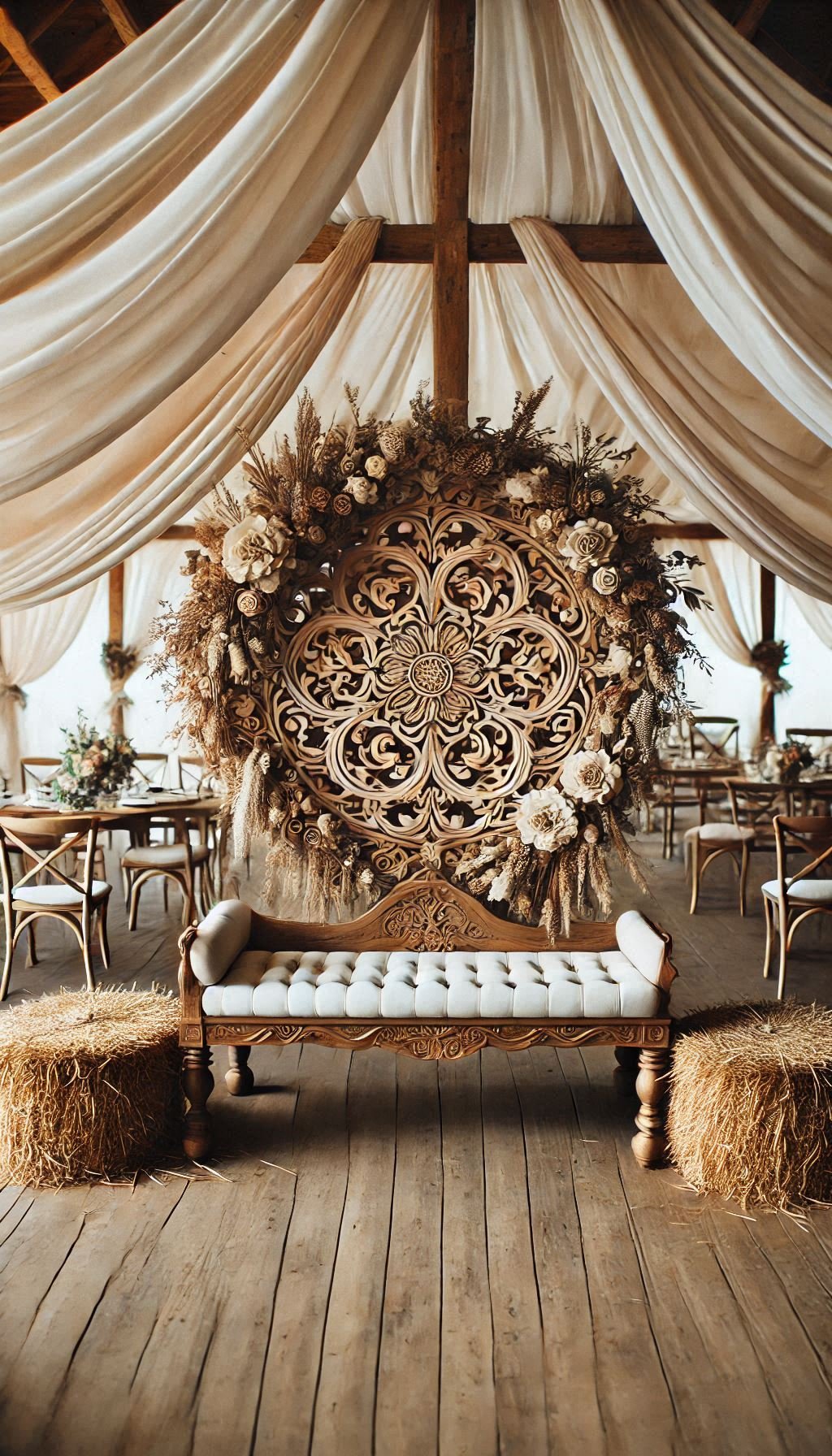 These benches and bales are giving “barn wedding but make it Pinterest-worthy.” Wedding decor inspo that’s both practical and pretty.