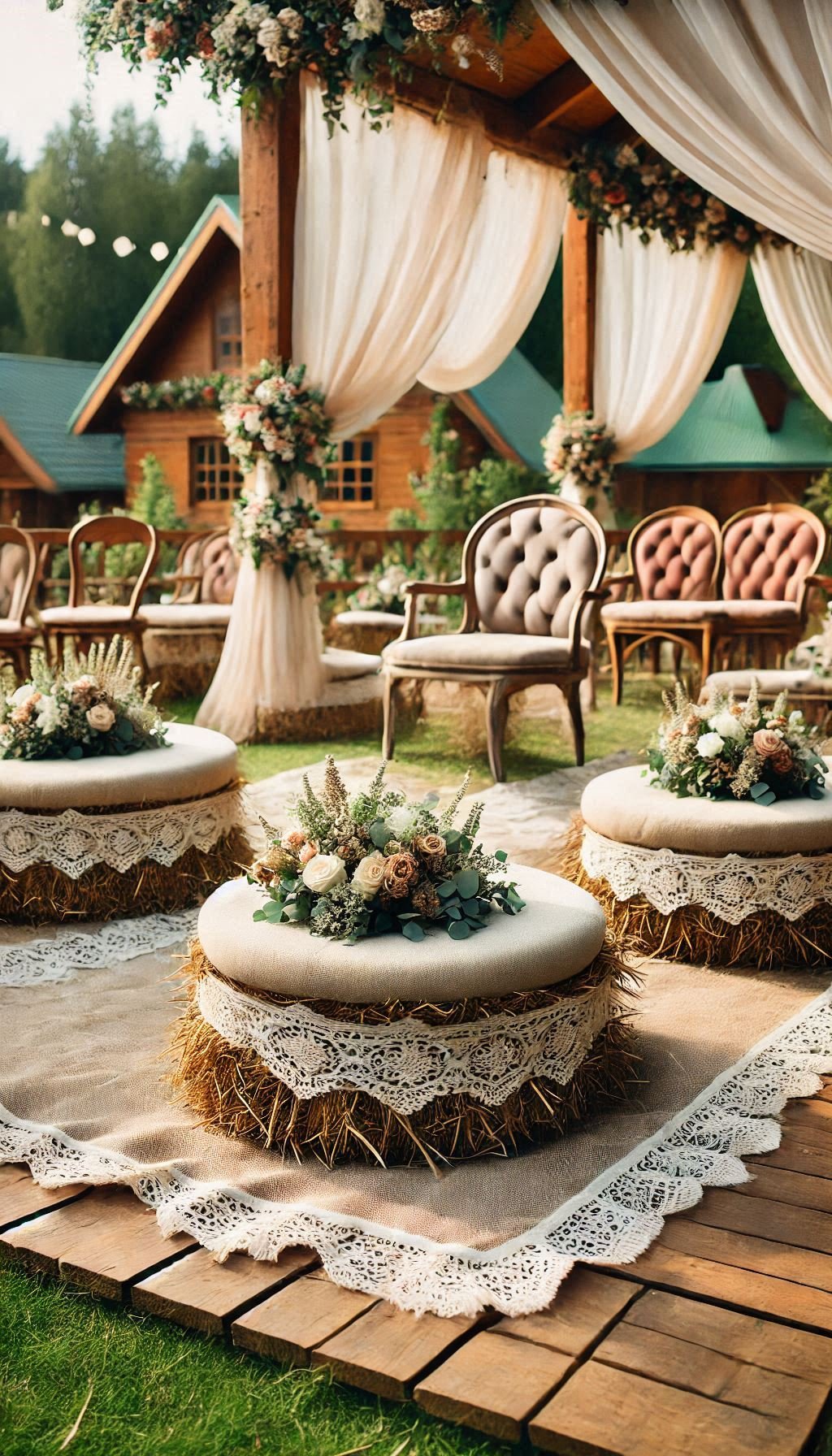 Rustic seating that feels like a warm hug? This wedding decor inspo nails it with wooden benches and soft fabric touches.