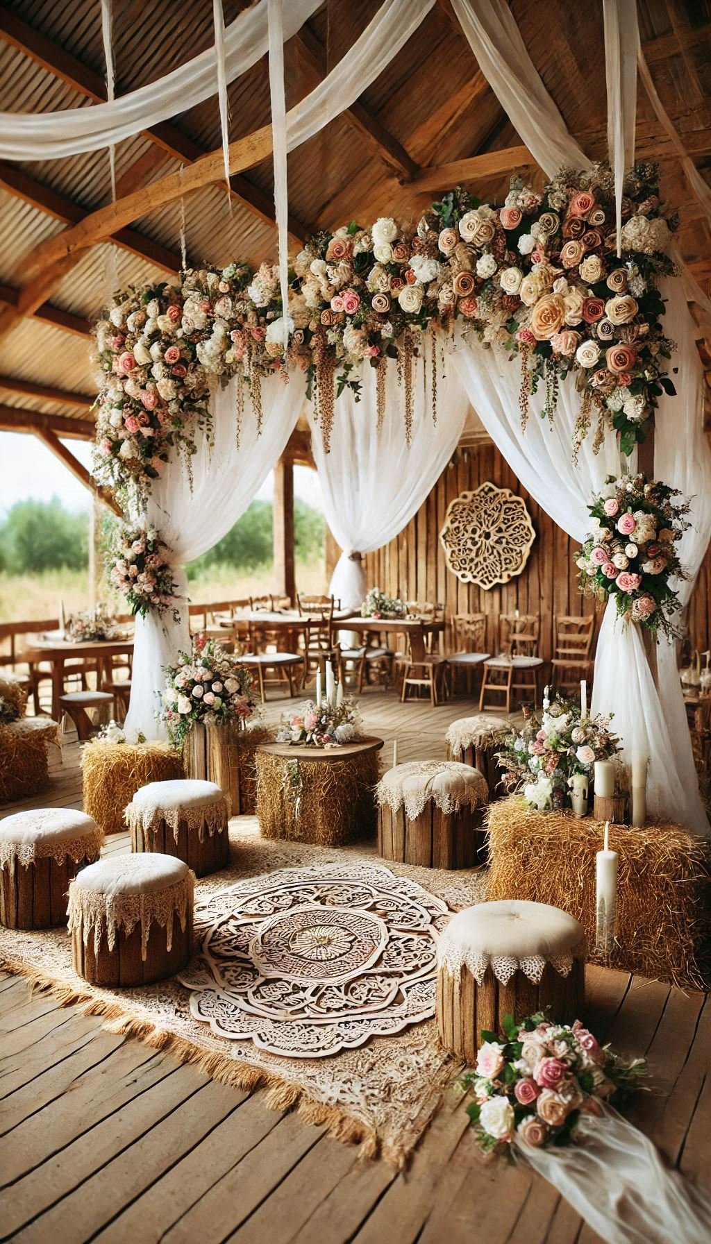 Wedding decor inspo that turns seating into a statement? Wooden benches and hay bales are stealing the spotlight.
