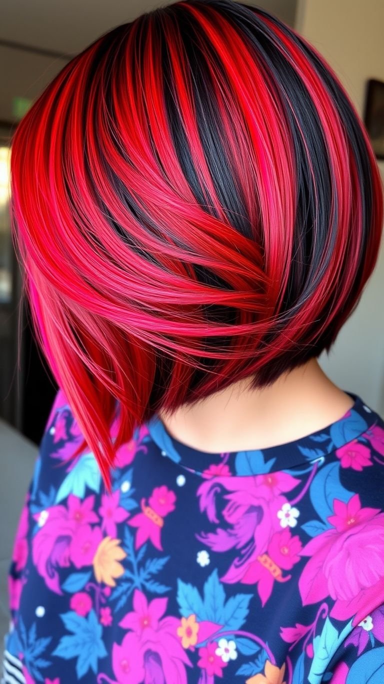 These short hair color ideas blend jet-black depth with sizzling red highlights for a look that turns heads without trying too hard. It’s edgy elegance, bottled in color.