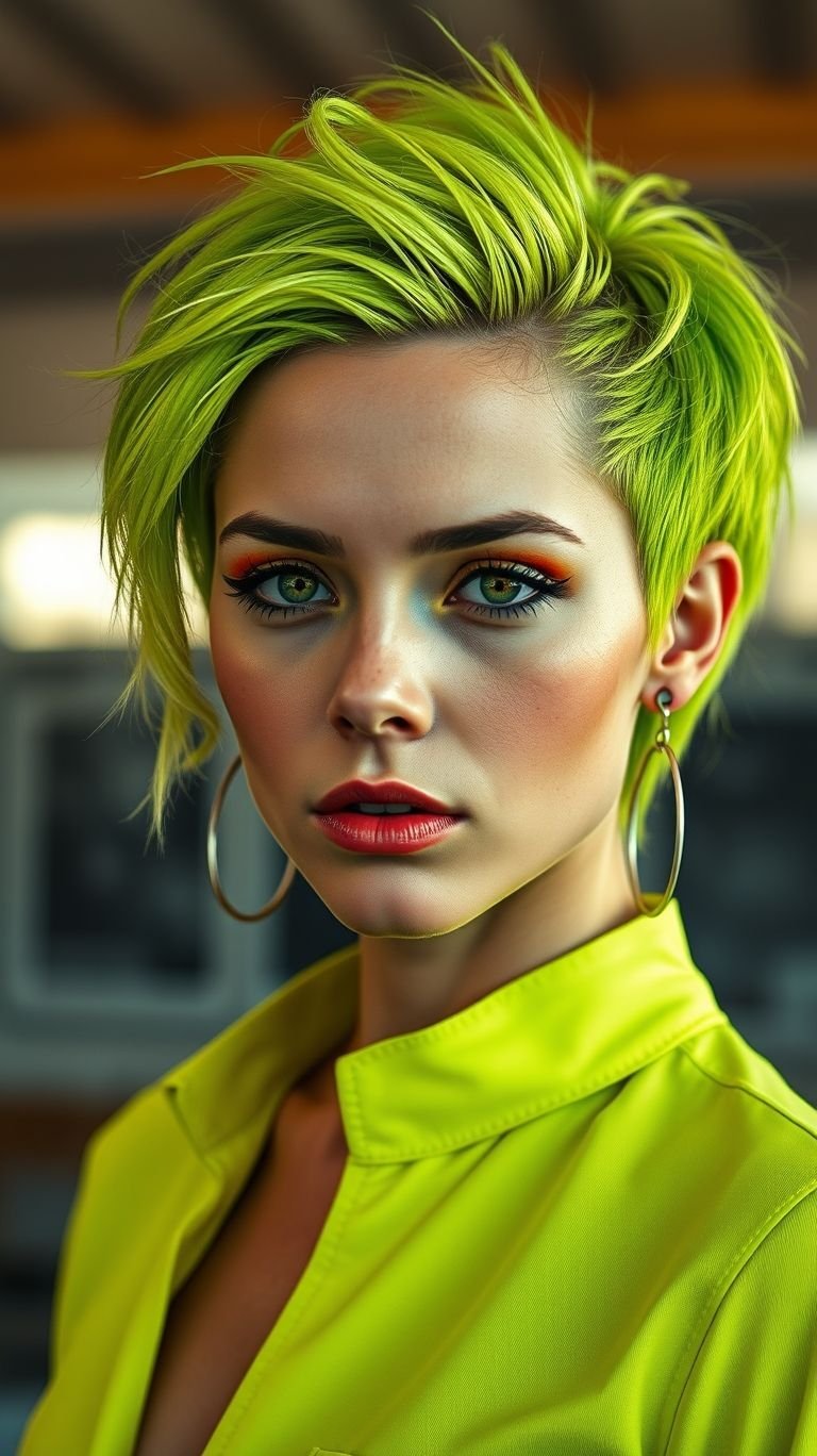 These hair color ideas fuse punk attitude with modern chic — neon green and short cuts have never looked so effortlessly cool.