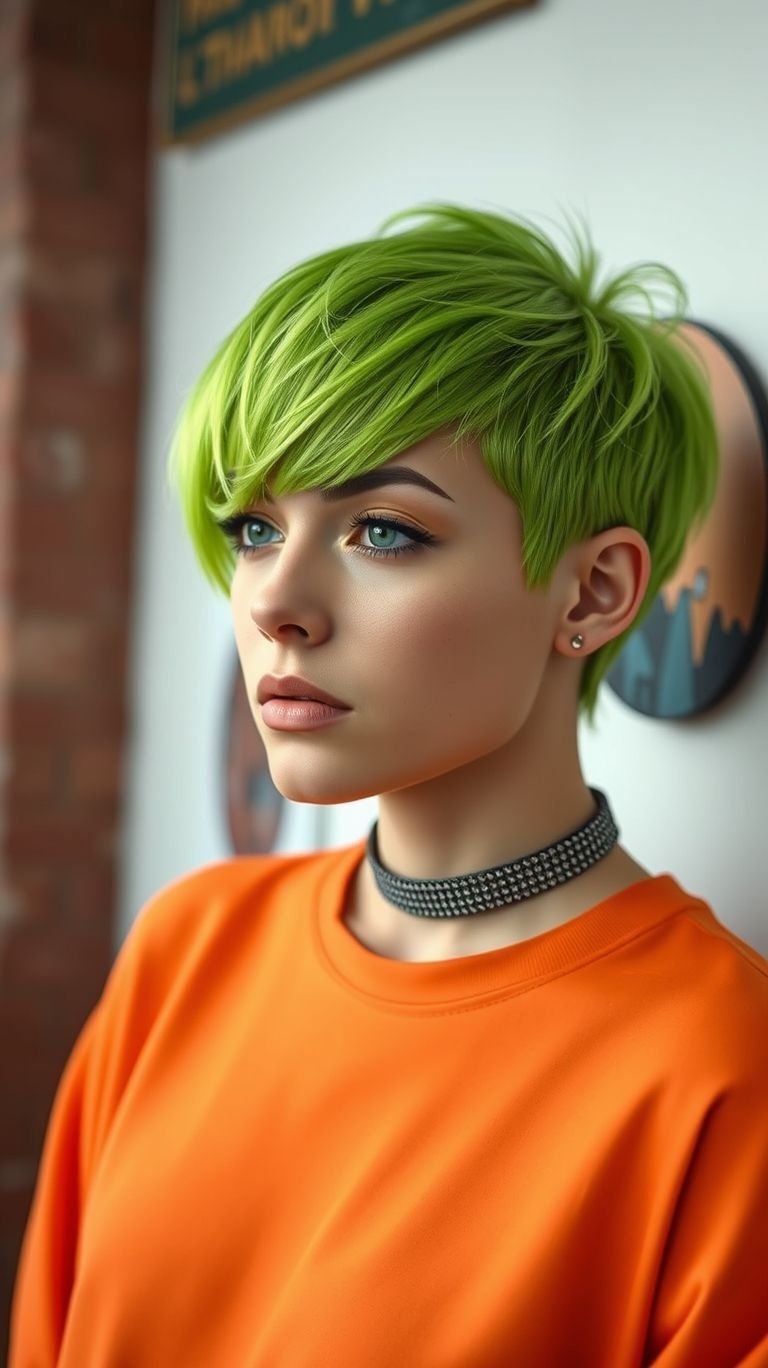 Bring out your wild side with neon green hair color ideas made for short, daring cuts. It’s confidence, bottled in color.