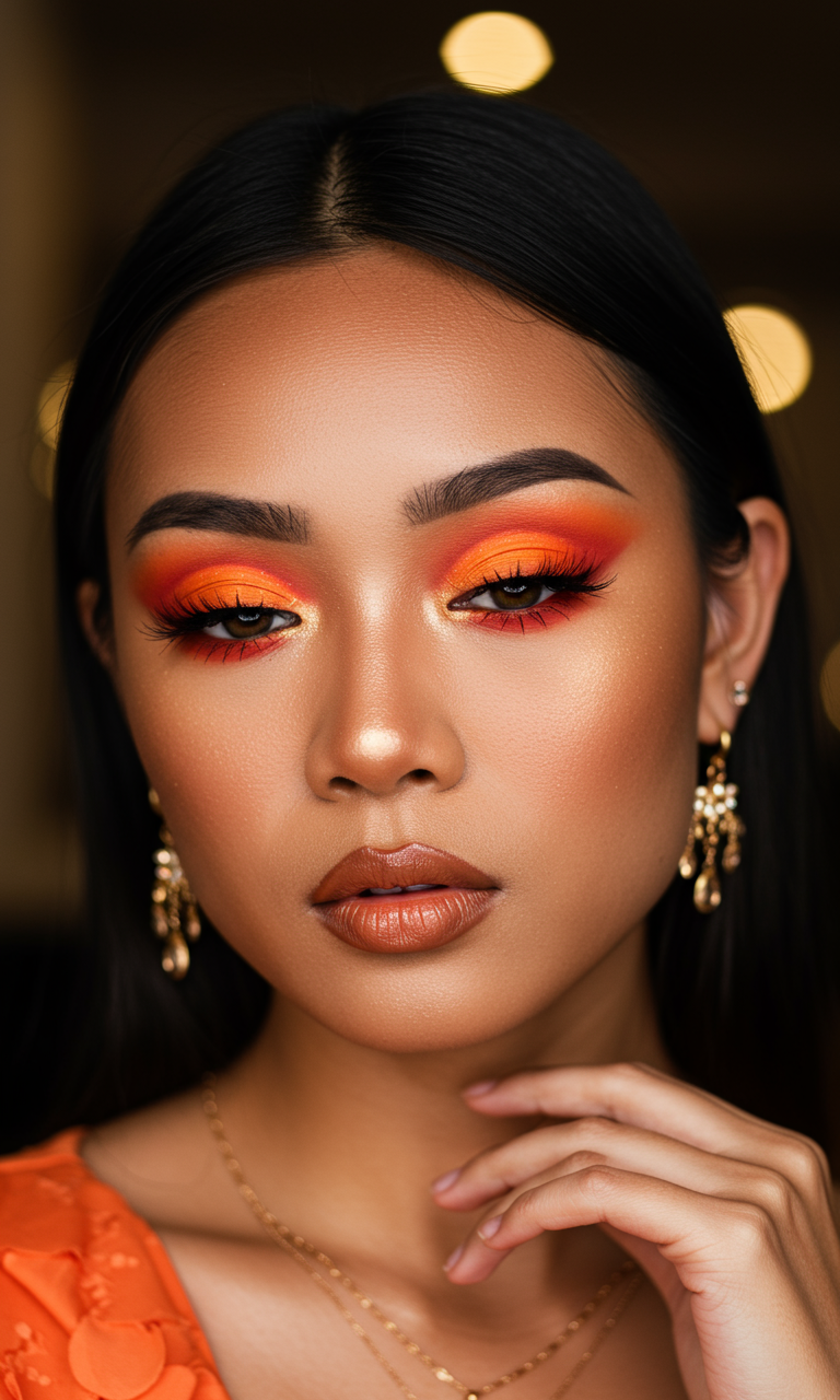 Eye Shadow Looks That Instantly Dazzle | Pocoko Eye Shadow in orange is the ultimate mood booster. One swipe and you’re serving citrus glam with a side of sass.