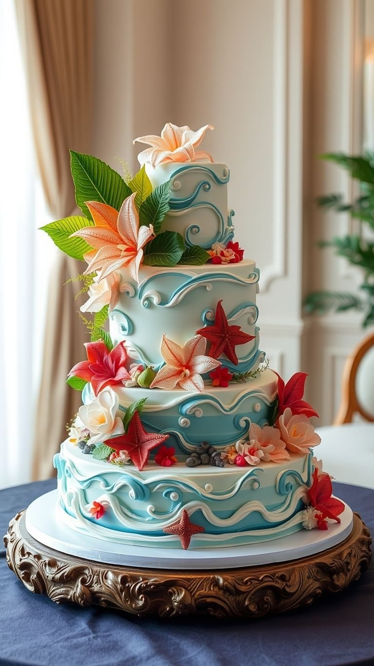 Palm leaves, coral tones, and a swirl of paradise — discover wedding cake Ideas that look like they’ve been kissed by the sun.